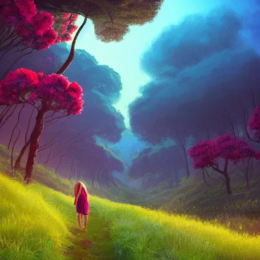 Image similar to giant carnation flower as a head, girl hiking in a lush valley, surreal photography, sunrise, dramatic light, impressionist painting, colorful clouds, digital painting, artstation, simon stalenhag