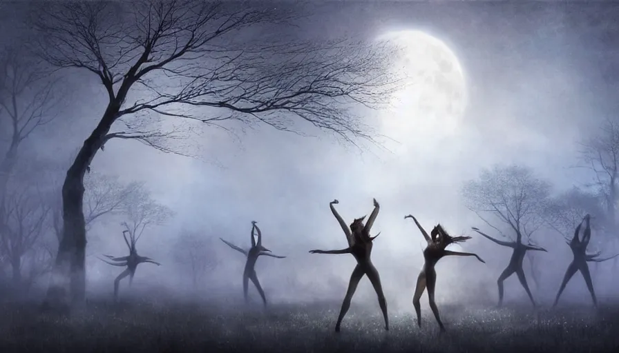 Prompt: dancers in white lit only by the moon, dancing across a flower meadow silohuetted by branches of the forbidden forest, the twilight dance of the fae by aleksi briclot, greg rutkowski and ivan aivazovsky, contemporary dancers dancing artistic photography movement photorealistic volumetric cinematic light, award - winning, atmospheric fantasy sky, oil painted surrealist abstract