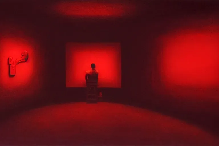 Image similar to only with red, netflix studios with workers, a big mickey mouse head in the middle of the room, in the style of beksinski, parts by edward hopper, parts by rodcenko, parts by yue minjun, intricate and epic composition, red by caravaggio, insanely quality, highly detailed, masterpiece, red light, artstation, 4 k