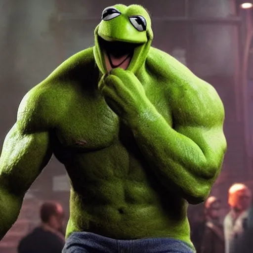 Prompt: photo of Kermit the frog as hulk in averngers movie