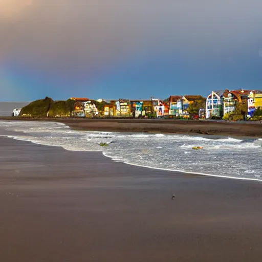 Prompt: A rainbow on top of the sea, with houses on a beachside and seagulls flying