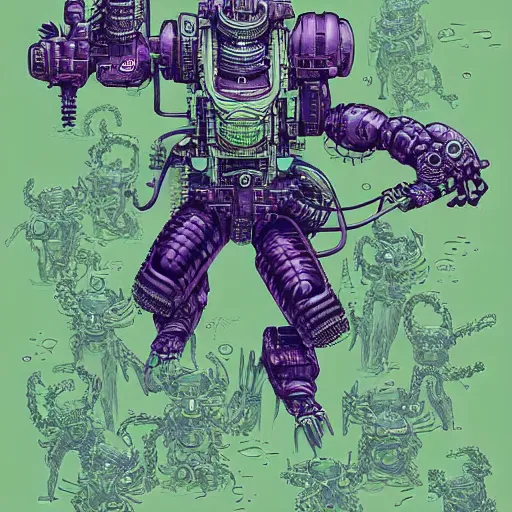 Prompt: dark robotic anthropomorphic cowboy alligator alchemist snake oil salesman, by yoichi hatakenaka, masamune shirow, josan gonzales and dan mumford, ayami kojima, takato yamamoto, barclay shaw, karol bak, purple green color scheme, uncle aloysius family medicine depot brand battle mech