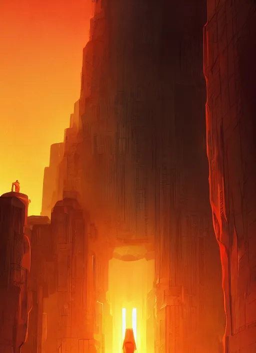 Prompt: giant orange glowing humanoid watching a giant skyscraper with thousands of floors and bright yellow windows inside a dark cavern, in the Style of Artgerm and Charlie Bowater and Atey Ghailan and Mike Mignola, hard shadows and strong rim light, Comic Cover Art