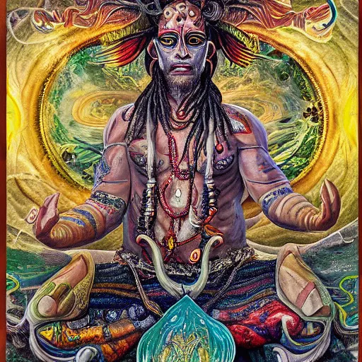 Image similar to a hyper-detailed painting with high details and textures of a psychedelic demon with dreadlocks horns and several eyes, he is in a meditation position and has an open third eye and mystical spiritual powers, the mix cernunnos + shiva