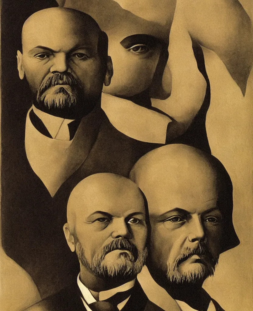 Image similar to A detailed portrait of Vladimir Lenin with a mushroom for a head. Painted by Grant Wood