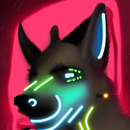 Image similar to digital painting of anthromorphic hyena female, fursona, furry fandom, neon rainy cyberpunk setting, anthro, wearing cyberpunk leather jacket, detailed face,