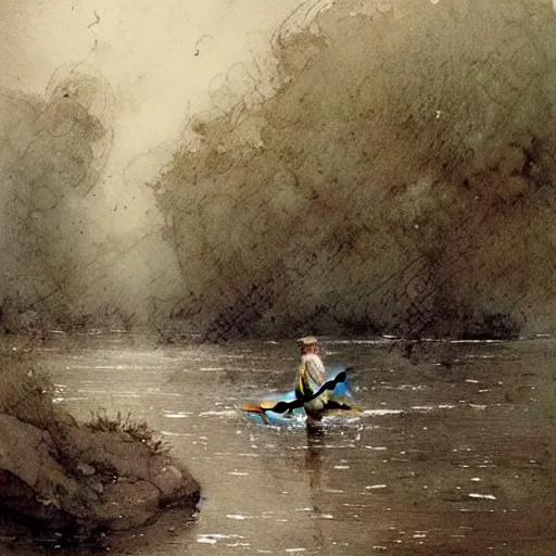 Prompt: ( ( ( ( ( fishing in a river, clear water. muted colors. ) ) ) ) ) by jean - baptiste monge!!!!!!!!!!!!!!!!!!!!!!!!!!!