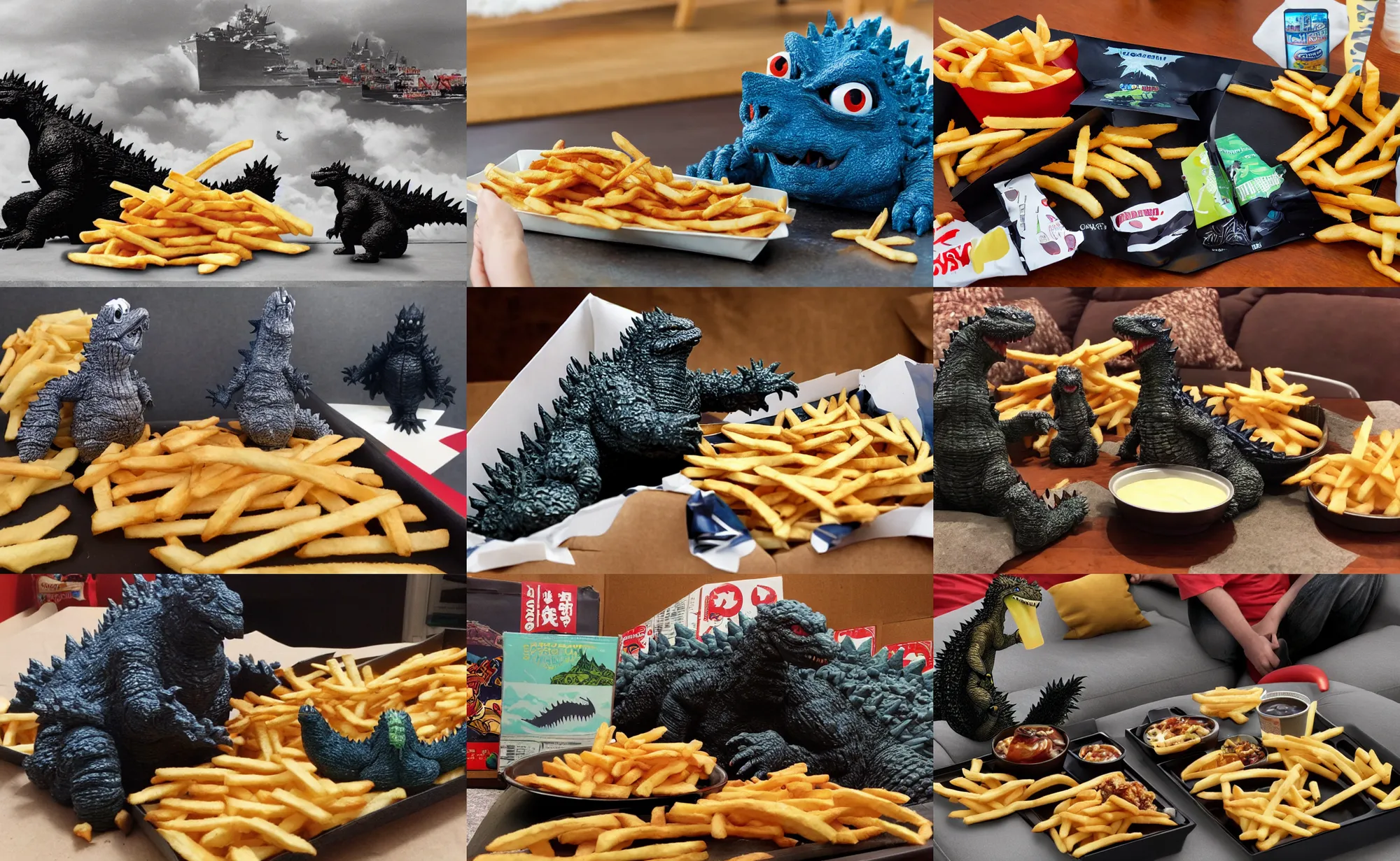 Prompt: Godzilla on a couch snacking of ships from French fry box