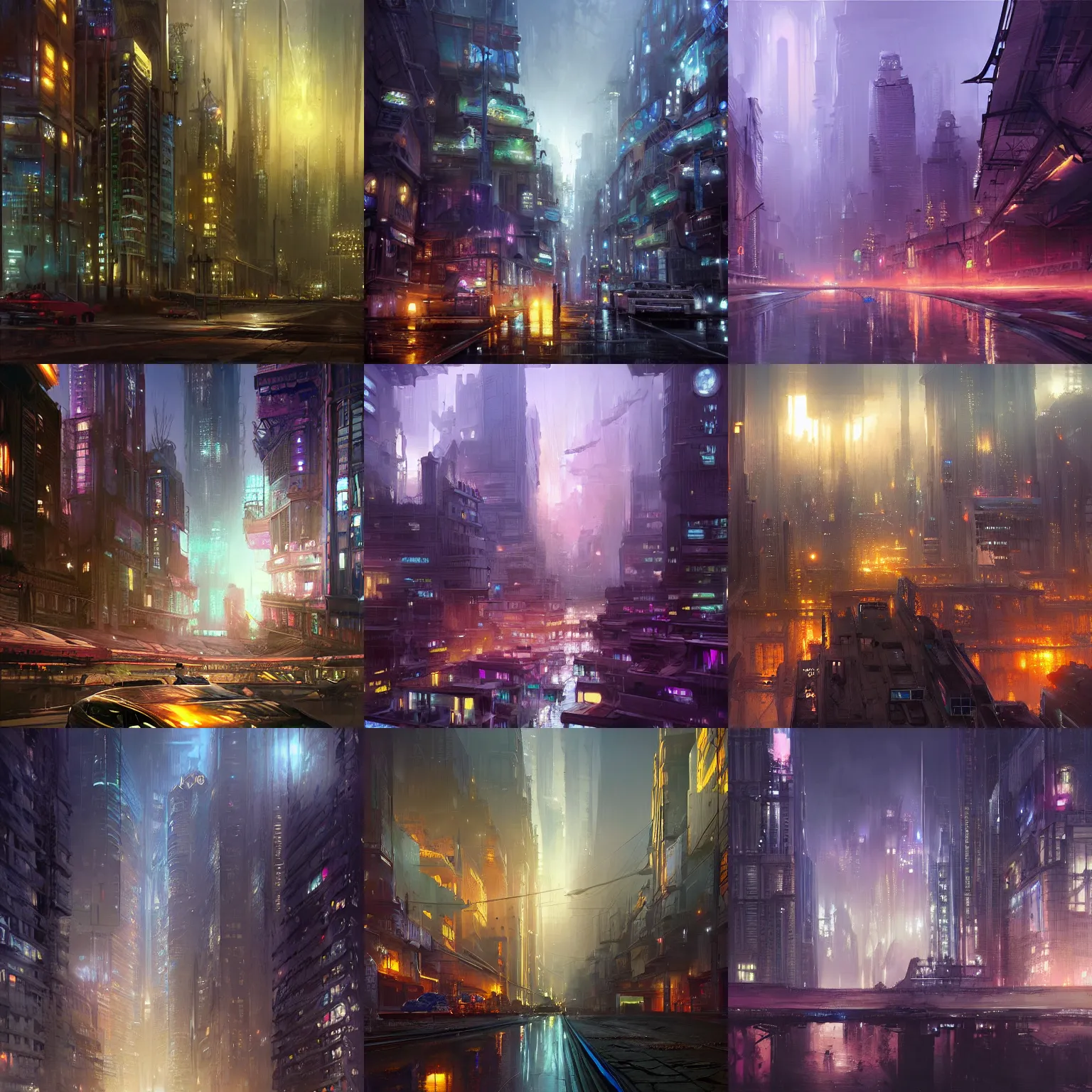 Prompt: a painting of a city in the middle of the night, a detailed matte painting by Stephan Martiniere, cgsociety contest winner, action painting, matte painting, concept art, 2d game art