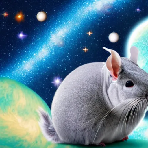 Image similar to chinchilla floating in space with galaxy in background