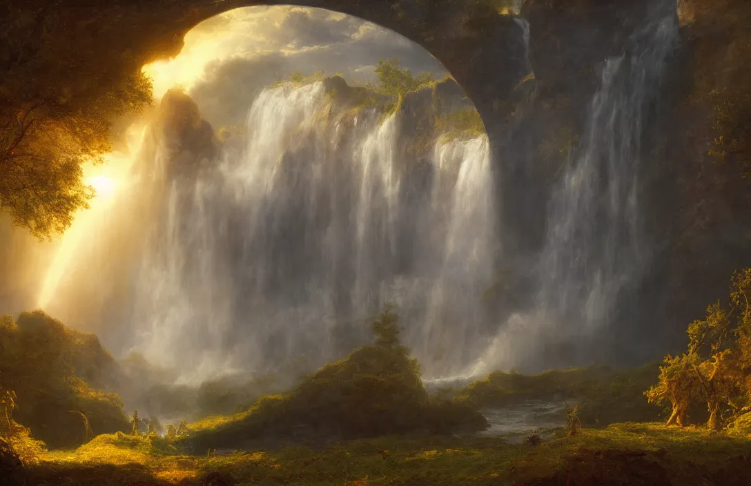 Image similar to a huge arc far away in an albert bierstadt inspired landscape detailed dreamscape, hyperreal phantastic landscape, golden ratio, high aestehtic, waterfall cascades, cinematic light dramatic light, trending on artstation