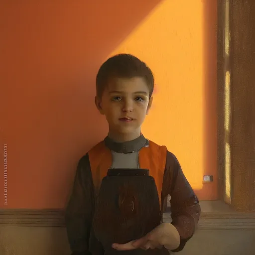 Image similar to a beautiful portrait of a young prince posing in an orange studio, realistic 4k UHD oil painting in the style of james gurney, greg rutkowski, and johannes vermeer