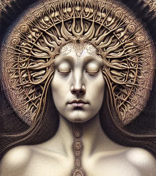 Prompt: detailed realistic beautiful sun goddess face portrait by jean delville, gustave dore, iris van herpen and marco mazzoni, art forms of nature by ernst haeckel, art nouveau, symbolist, visionary, gothic, neo - gothic, pre - raphaelite, fractal lace, intricate alien botanicals, ai biodiversity, surreality, hyperdetailed ultrasharp octane render