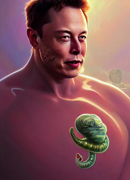 Prompt: elon musk as slimy mollusk, anthropomorphic character, drool, concept art, intricate, elegant, highly detailed, digital painting, artstation, wallpaper, smooth, sharp focus, illustration, art by artgerm and greg rutkowski and alphonse mucha