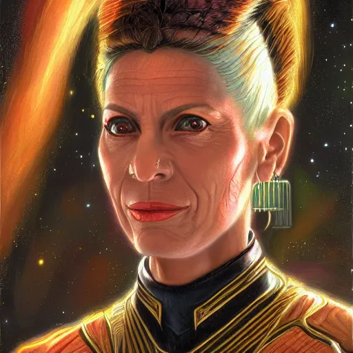 Image similar to portrait of an bajoran woman ( 3 5 ) from bajor, bajor - b'hava'el, bajoran sector, alpha quadrant, an oil painting by ross tran and thomas kincade