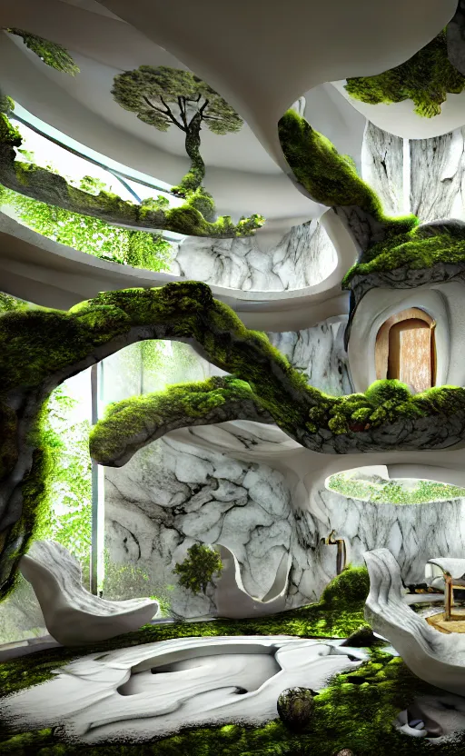 Image similar to highly detailed villa natural beautiful light interior soft cinematic composition of a smooth ceramic porcelain biomorphic magnolia stone nebula fluid sci - fi surreal colorful architecture landscape, furniture, granite, trees, marble, moss, lichen, fungi, vincent callebaut composition, mamou - mani, archviz, 8 k, unreal engine, hdr