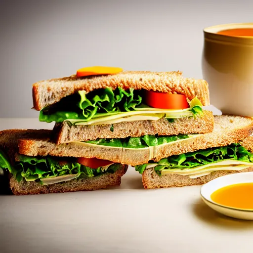 Image similar to food magazine photograph of a sandwich covered in soup. highly detailed 8 k photo. studio lighting.