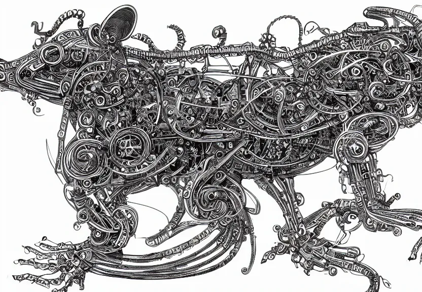 Prompt: 1 / 4 frame, schematic blueprint of highly detailed ornate filigreed convoluted ornamented elaborate cybernetic rat, full body, character design, middle of the page, art by da vinci