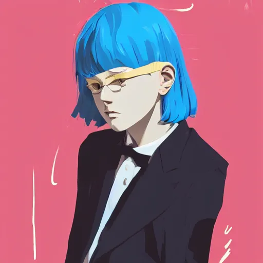 Prompt: ilya kuvshinov with long sky blue hair, gold eyes, boy face, professional digital illustration, somber, digital art, concept art, award - winning photography, cinematic, wlop, color block, art by andy warhol, pixiv art, yoshitaka amano