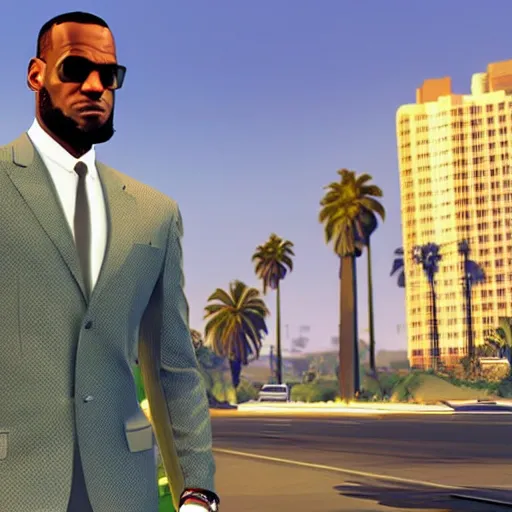 Image similar to Lebron James wearing a suit in GTA V . Los Santos in background, palm trees. in the art style of Stephen Bliss