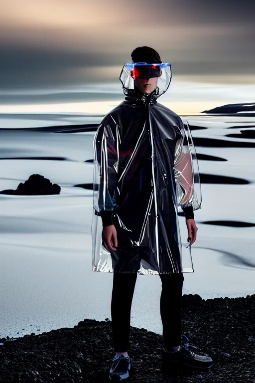 Image similar to an ultra high definition professional high fashion portrait studio full length photograph of a male model wearing a transparent pearlescent raincoat and neon visor in an icelandic black rock environment at dawn. no artefacts. extremely detailed. stark. refraction. shallow depth of field. volumetric light and shadow. ray tracing. light rays.