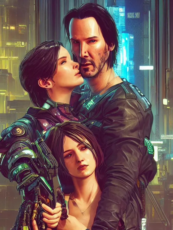 Image similar to a cyberpunk 2077 couple portrait of Keanu Reeves&female android in final kiss,love,film lighting,by Laurie Greasley,Lawrence Alma-Tadema,Dan Mumford,artstation,deviantart,FAN ART,full of color,Digital painting,face enhance,highly detailed,8K,octane,golden ratio,cinematic lighting