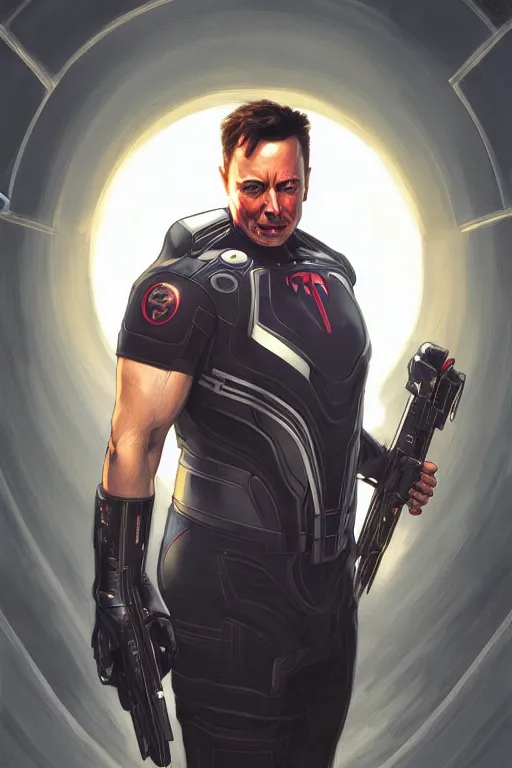 Image similar to elon musk as punisher, marvel character, realistic portrait, symmetrical, highly detailed, digital painting, artstation, concept art, smooth, sharp focus, illustration, cinematic lighting, art by artgerm and greg rutkowski and alphonse mucha