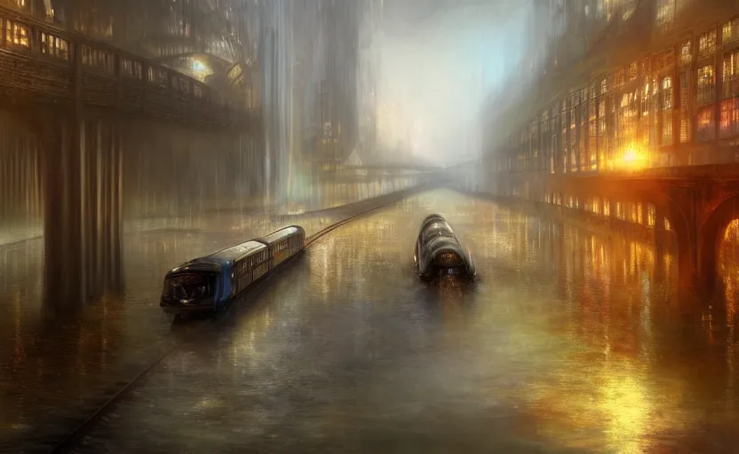 Image similar to an urban train rides inside of a waterway on a fantasy city. by artstation trending, by joseph mallord william turner, luis royo, konstantin razumov, cinematic lighting, fractal flame, highly detailed