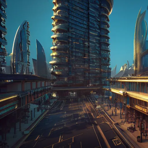 Image similar to downtown of a golden fantasy sci fi luxurious city with cerulean oceansides, scandinavian / norse influenced, cinematic, ray traced, octane render, cinematic lighting, ultrarealistic, featured on artstation, 8 k uhd artwork