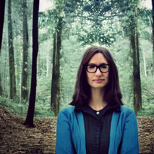 Prompt: a woman wearing glasses standing in front of a forest, a character portrait, tumblr contest winner, barbizon school, contest winner, matte photo, # myportfolio