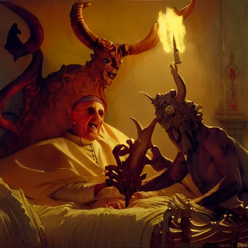 Image similar to the pope is in his bed, terrified, because a double horned shadow demon is in the wallpaper of the bedroom. highly detailed painting by gaston bussiere, j. c. leyendecker, greg rutkowski, craig mullins 8 k