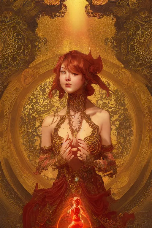 Image similar to tarot card artstation, portrait of a love dancer, sunrise, baroque ornamnet and rococo ornament, ancient chinese ornate, hyperdetailed, beautiful lighting, craig mullins, mucha, klimt, yoshitaka amano, red and gold and orange color palatte
