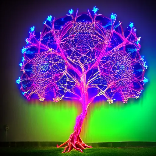 Image similar to a fractal tree made out of neon lights, futuristic, hd, epic lighting