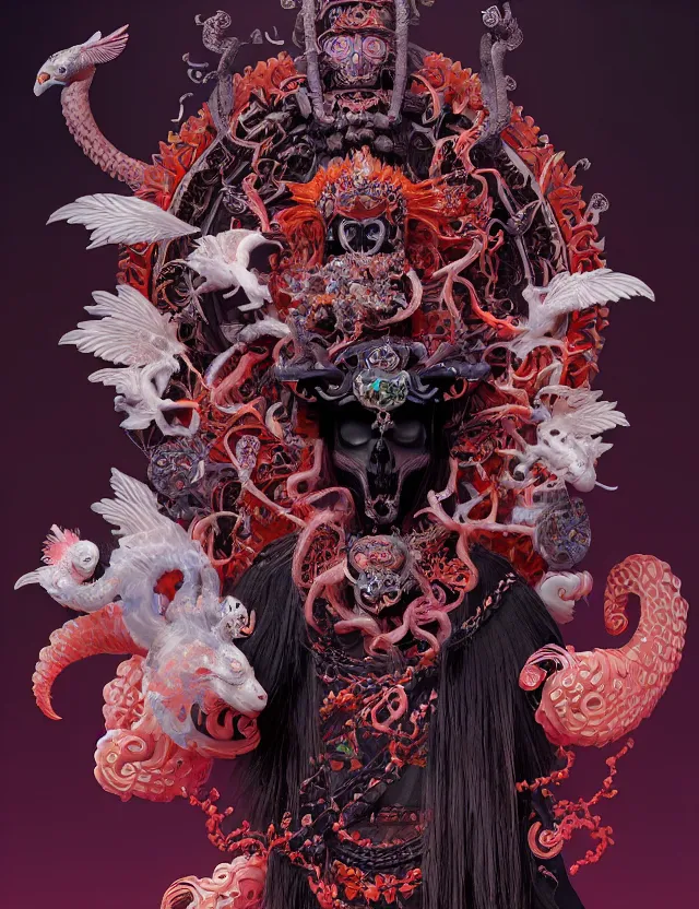 Image similar to 3 d goddess of hell close - up profile portrait with ram skull. beautiful intricately detailed japanese crow kitsune mask and clasical japanese kimono. betta fish, jellyfish phoenix, bio luminescent, plasma, ice, water, wind, creature, artwork by tooth wu and wlop and beeple and greg rutkowski