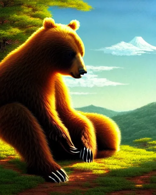 Image similar to a bear rabbit hybrid, sitting in tokyo, unique, sunny day, highly detailed, masterpiece, award winning, realistic, art by thomas cole and studio ghibli