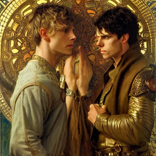 Image similar to arthur pendragon and merlin. focus on their faces. highly detailed painting by gaston bussiere, craig mullins, j. c. leyendecker, alphonse mucha 8 k