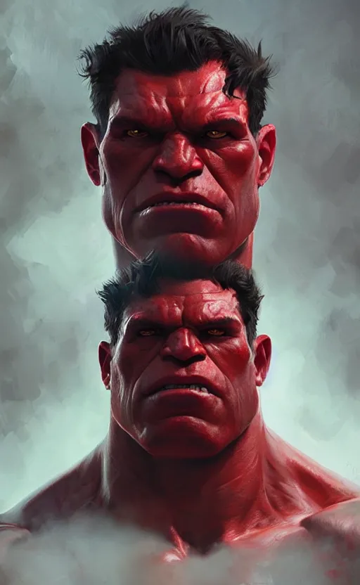 Image similar to Portrait of a Red Hulk, male, detailed face, fantasy, highly detailed, cinematic lighting, digital art painting by greg rutkowski