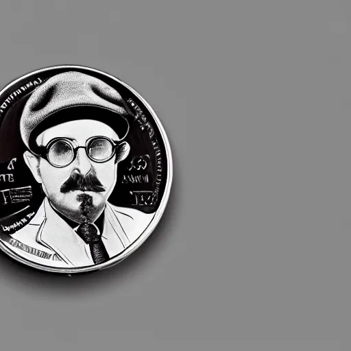 Image similar to A photograph of a delicious unwrapped chocolate coin which is engraved with a portrait of leon redbone circa 1975, smoking a cigar and wearing a greek fisherman's cap, highly detailed, close-up product photo, depth of field, sharp focus, soft lighting