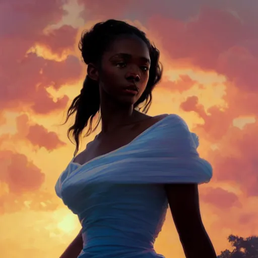 Image similar to a Photorealistic dramatic hyperrealistic bright blue eyes, African American elegant girl, black hair, white veil,by WLOP,Artgerm,Greg Rutkowski,Alphonse Mucha, Dang My Linh, Beautiful dynamic dramatic bright sunset lighting,shadows,cinematic atmosphere,Artstation,concept design art,Octane render,8k