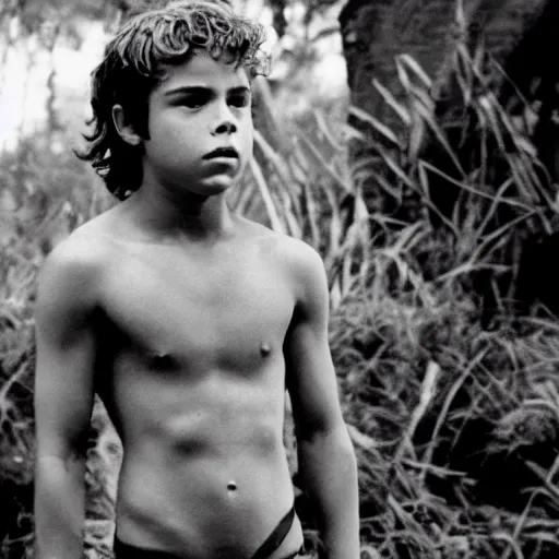 Prompt: jake t. austin plays ralph in lord of the flies ( 1 9 6 3 ), 3 5 mm black and white, highly detailed, cinematic lighting
