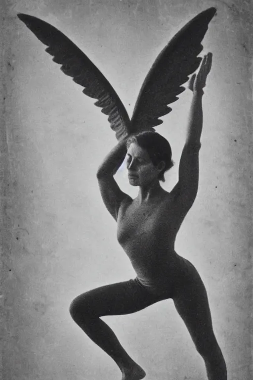 Image similar to old realistic photo of an real angel, angel is doing yoga, photograph, early 1 9 0 0's, black and whitehighly detailed, matte, sharp focus, smooth, sharp focus, illustration