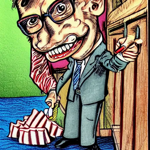 Image similar to The Artwork of R. Crumb and his Cheap Suit Dentist, pencil and colored marker artwork, trailer-trash lifestyle