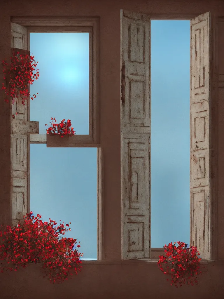 Image similar to a old house window with a vase of red flowers with view to a sunrise, blue wall, a wooden chair near the window, concept art, octane render, unreal engine 5, trending on deviantart, highly detailed, high quality, hd, digital painting, masterpiece, geometric, symmetrical, low contrast, beautiful, high coherence, natural lighting, intense lighting