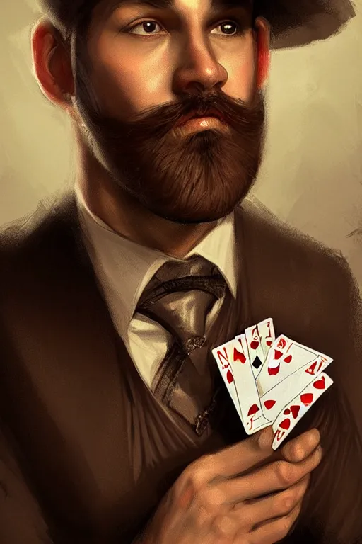 Image similar to neck bearded round face with no moustache, magician holding playing cards, realistic, modern, magicians eyes are covered with cloth, intricate, elegant, highly detailed, digital painting, artstation, concept art, addiction, chains, smooth, sharp focus, illustration, art by ilja repin