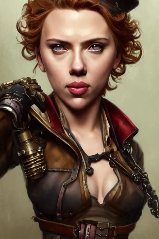 Image similar to Scarlett Johansson in a steampunk outfit, anatomy, only two hands, highly detailed, digital painting, artstation, concept art, smooth, sharp focus, illustration, Unreal Engine 5, 8K, art by art by artgerm and greg rutkowski and edgar maxence