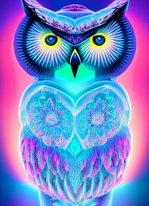 Image similar to symmetry!! product render poster vivid colors divine proportion owl, ice and snow, glowing fog intricate, elegant, highly detailed, digital painting, artstation, concept art, smooth, sharp focus, illustration,