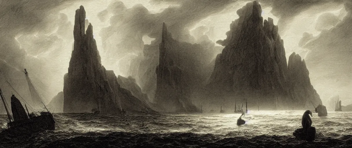 Image similar to an engraving portrait of dagon, caspar david friedrich, foggy, depth, strong shadows, stormclouds, illuminated focal point, highly detailed