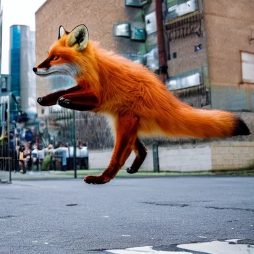 Image similar to An anthropomorphic fox doing parkour in an urban setting populated by anthropomorphic animals.