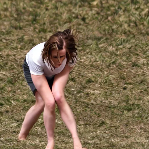 Image similar to emma watson grappling big foot to the ground, blurry focus