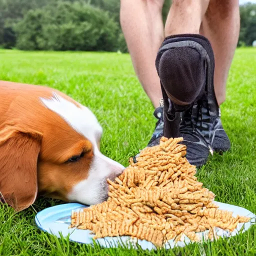 Image similar to dog with a human leg being fed wheat snacks